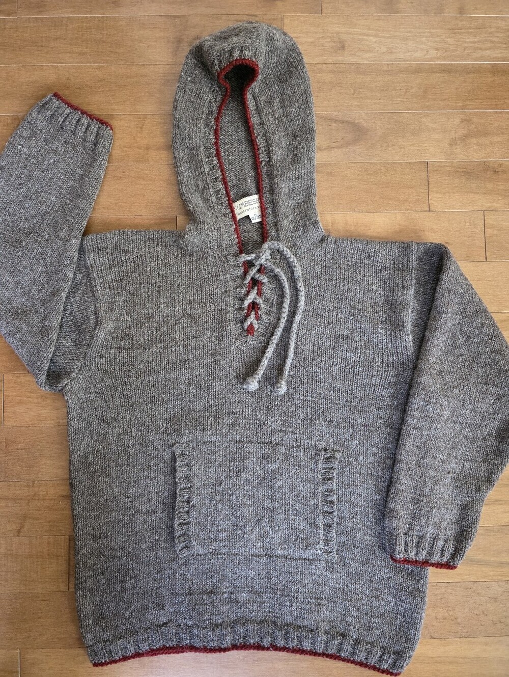 Kumbeshwar 100% Pure New Wool Boho Sweater – Size M – Brownish-Gray / Merlot Red